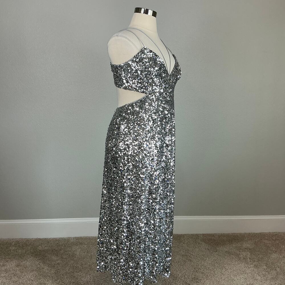 Sachin & Babi Sequined Cut Out Midi A-Line Evening Gown Silver Size 14 Dress - Picture 3 of 13